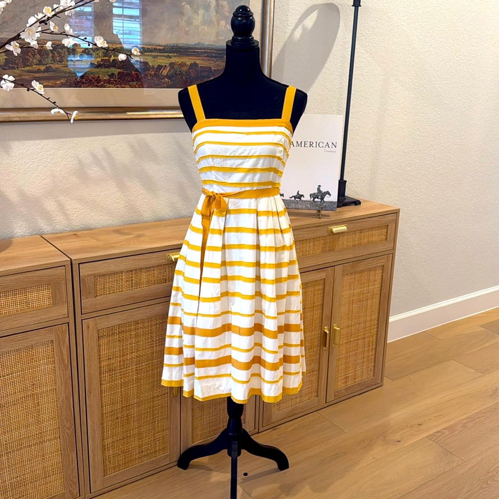 Moulinette Soeurs dress Anthropologie,
Yellow stripe, grosgrain ribbon ties